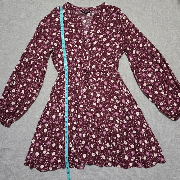 BLU PEPPER Floral Boho Mini Dress Long Balloon Sleeves Plum Purple Size Large - Picture 12 of 16